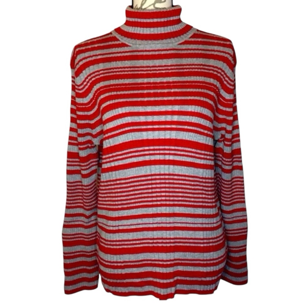 Liz Claiborne Red & Gray Striped Long Sleeve Pullover Turtleneck Sweater 1X EUC